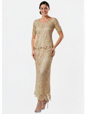 Silken Poetry Champaign Beaded 100% Silk Hand Crochet Two Piece Skirt Top Set L